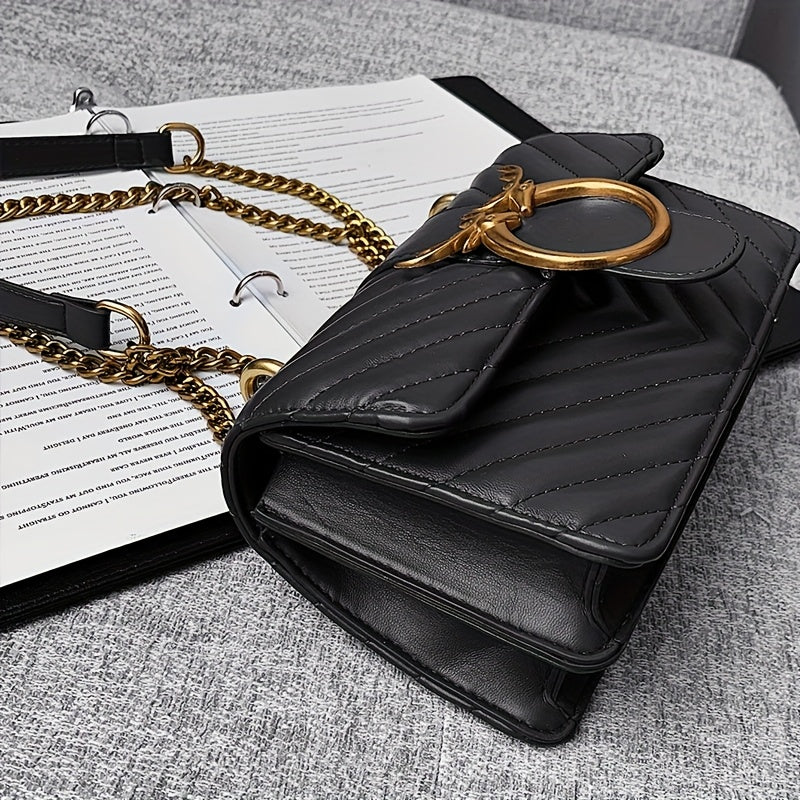 Chic Black Chevron Shoulder Bag with Golden
