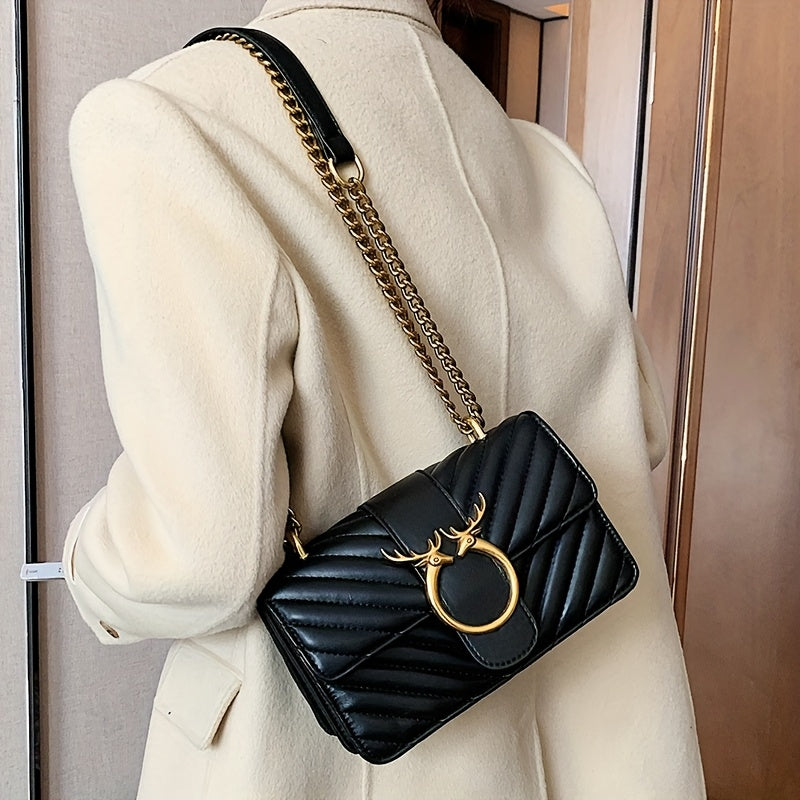 Chic Black Chevron Shoulder Bag with Golden