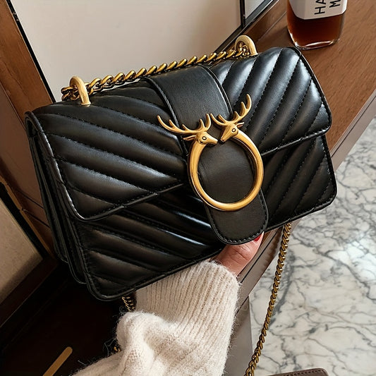 Chic Black Chevron Shoulder Bag with Golden