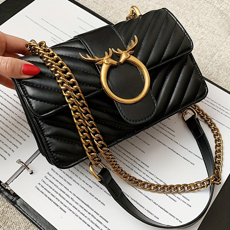 Chic Black Chevron Shoulder Bag with Golden